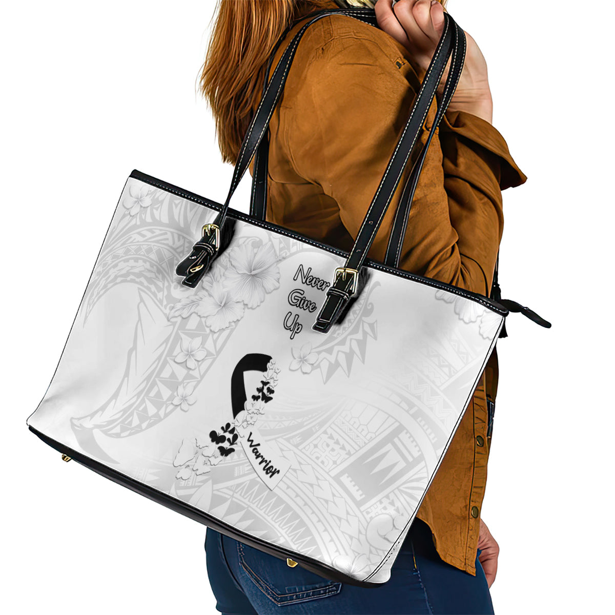 Lung Cancer Awareness Leather Tote Bag Never Give Up Polynesian Style LT05 - Polynesian Pride