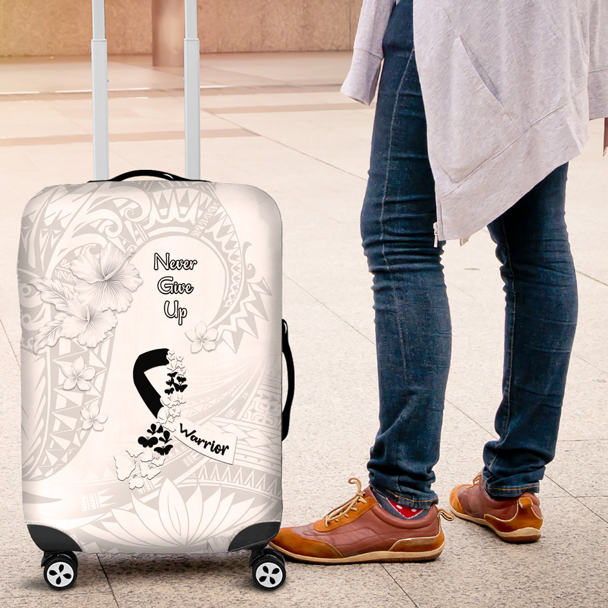 Lung Cancer Awareness Luggage Cover Never Give Up Polynesian Style LT05 White - Polynesian Pride