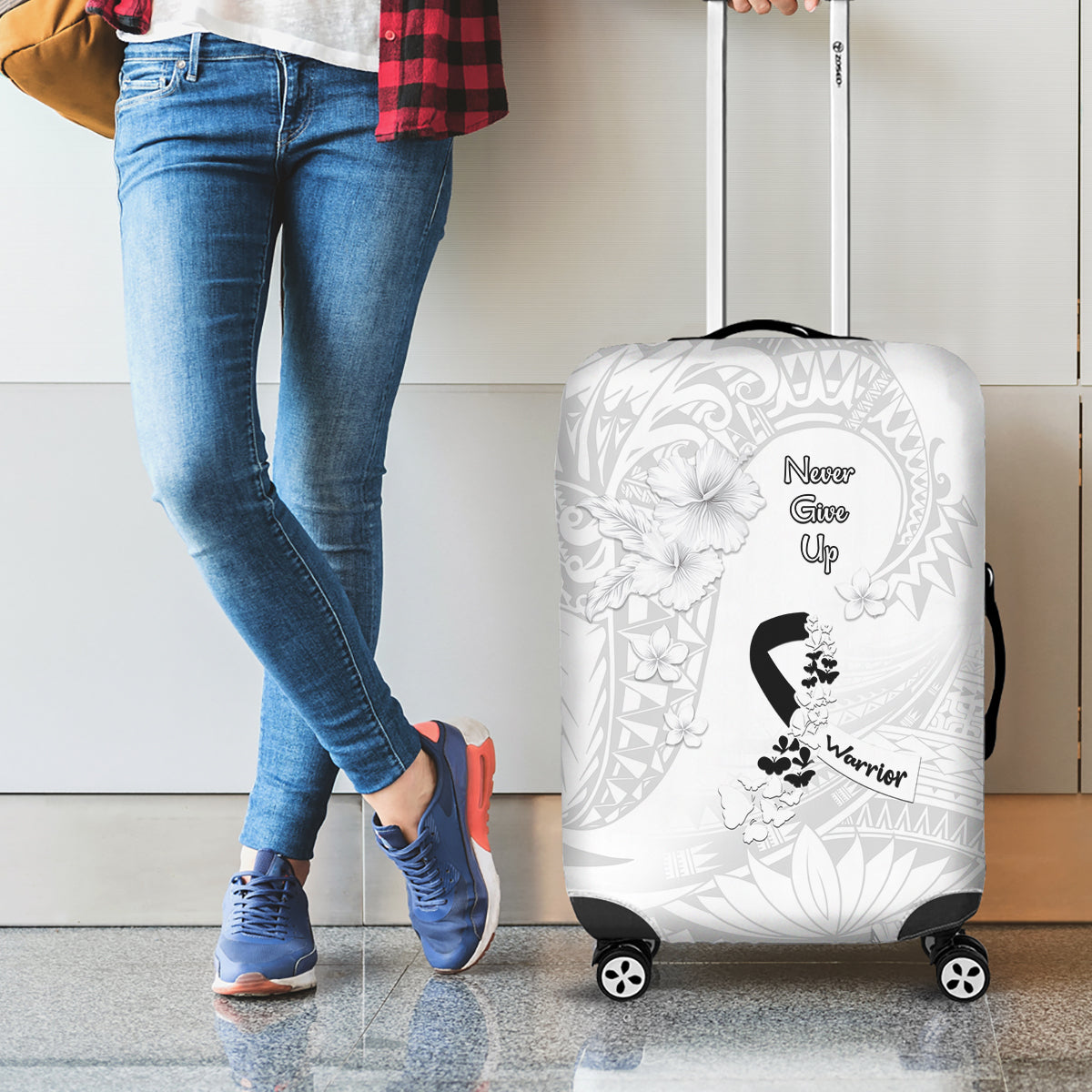 Lung Cancer Awareness Luggage Cover Never Give Up Polynesian Style LT05 - Polynesian Pride