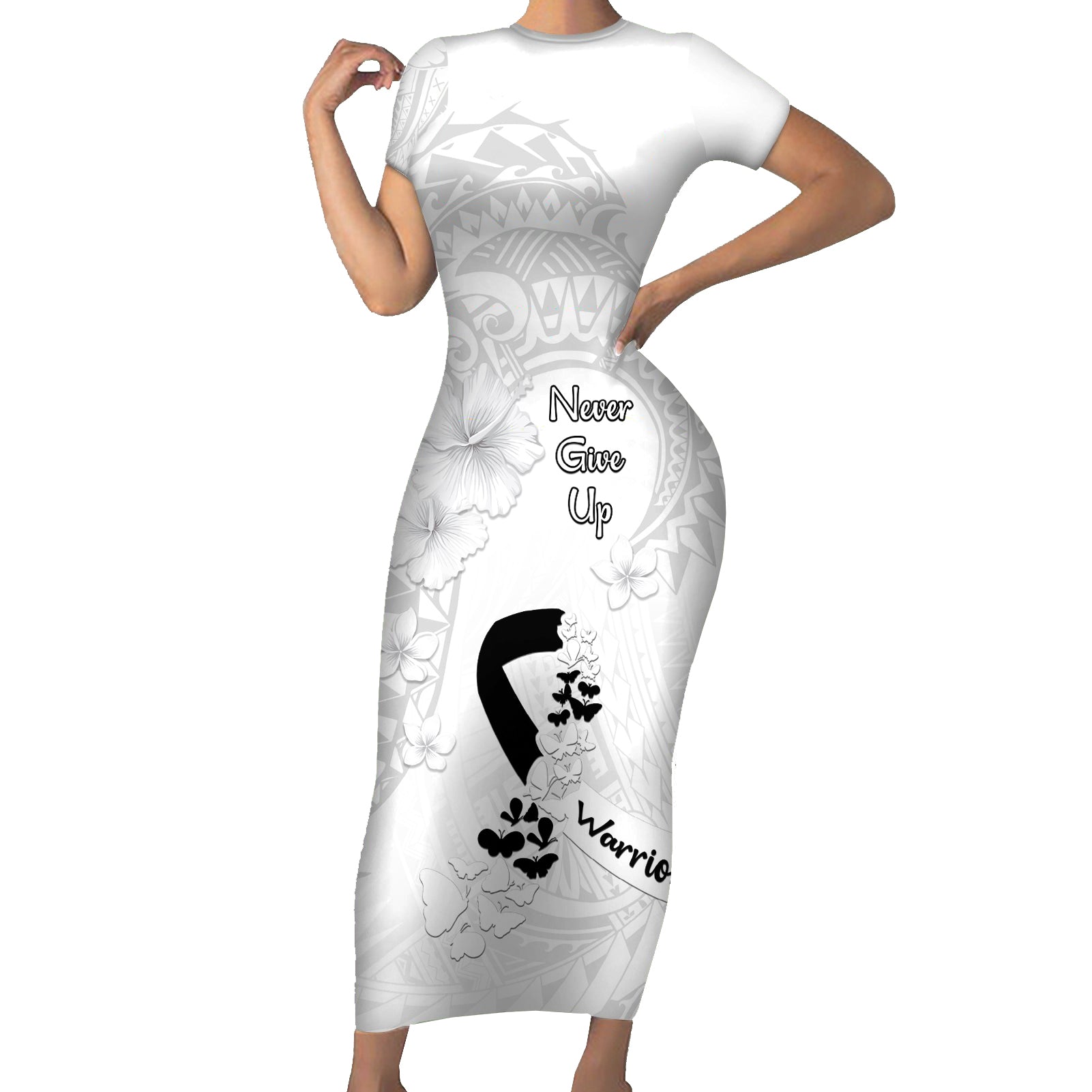 Lung Cancer Awareness Short Sleeve Bodycon Dress Never Give Up Polynesian Style LT05 Long Dress White - Polynesian Pride