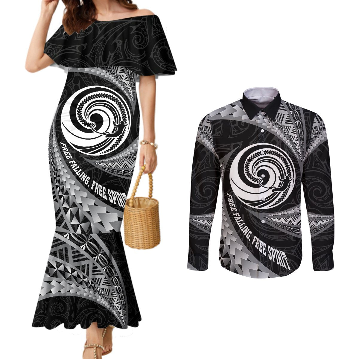 Personalised New Zealand Bungy Jumping Couples Matching Mermaid Dress and Long Sleeve Button Shirt Maori Pattern LT05 Black - Polynesian Pride