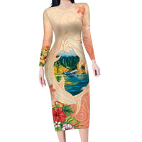 Hawaii Kauai Na Pali Coast Landscape Family Matching Long Sleeve Bodycon Dress and Hawaiian Shirt LT05 Mom's Dress Peach - Polynesian Pride