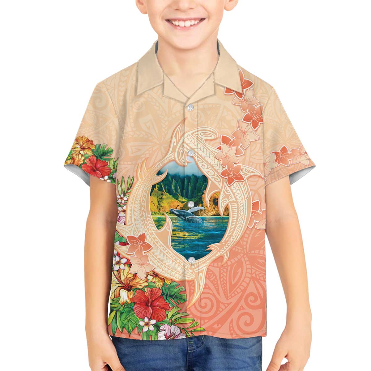 Hawaii Kauai Na Pali Coast Landscape Family Matching Off The Shoulder Long Sleeve Dress and Hawaiian Shirt LT05 Son's Shirt Peach - Polynesian Pride