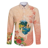Hawaii Kauai Na Pali Coast Landscape Family Matching Off Shoulder Maxi Dress and Hawaiian Shirt LT05 Dad's Shirt - Long Sleeve Peach - Polynesian Pride