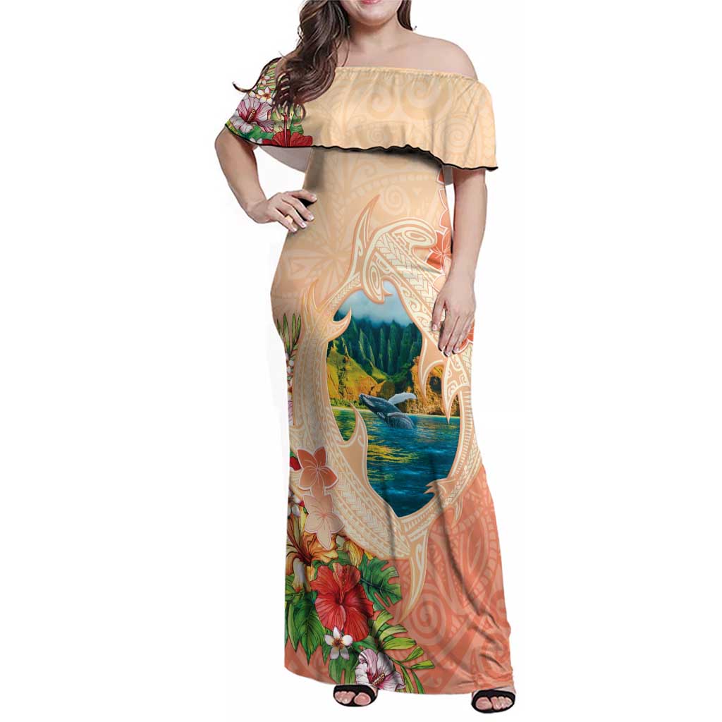 Hawaii Kauai Na Pali Coast Landscape Family Matching Off Shoulder Maxi Dress and Hawaiian Shirt LT05 Mom's Dress Peach - Polynesian Pride