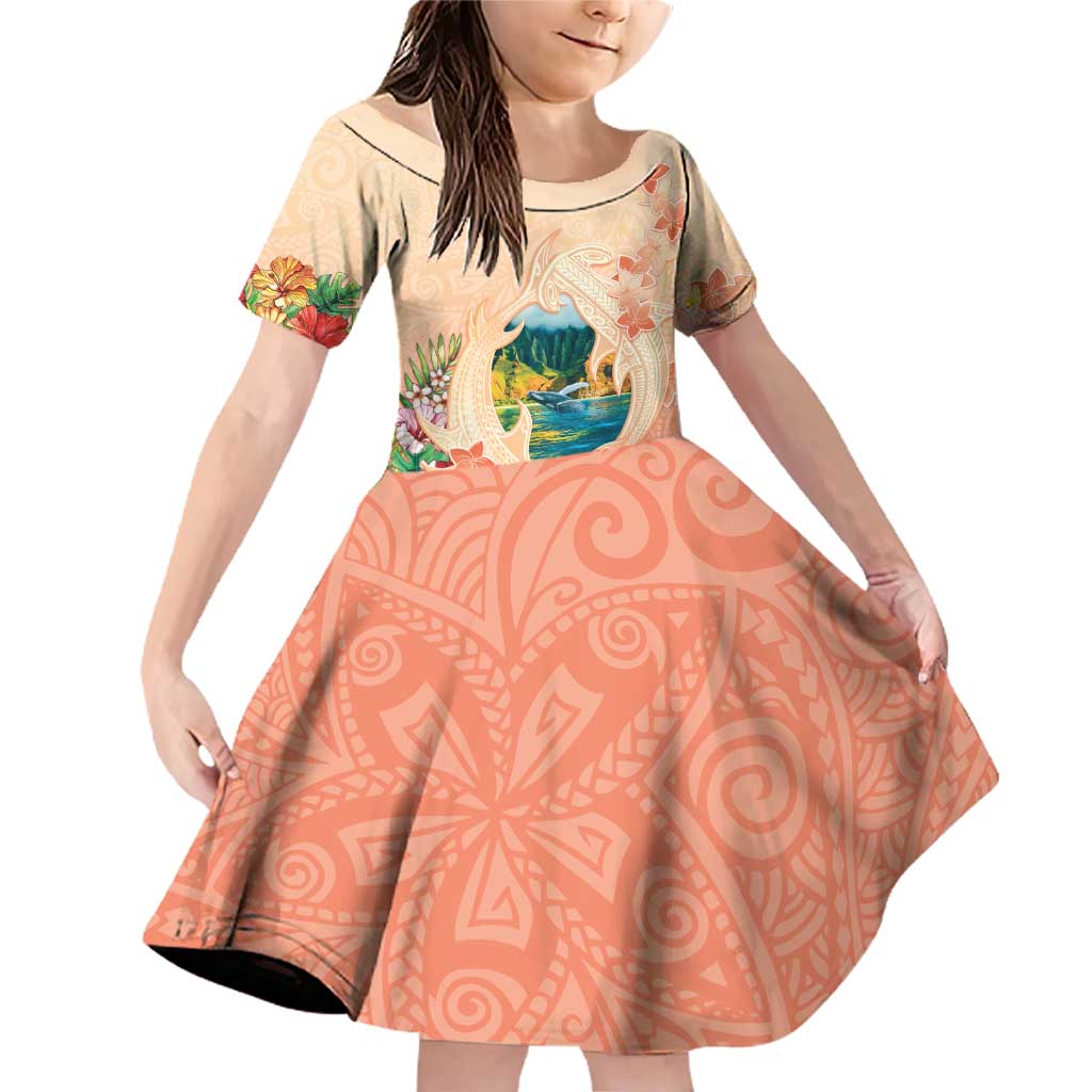 Hawaii Kauai Na Pali Coast Landscape Family Matching Off Shoulder Short Dress and Hawaiian Shirt LT05 Daughter's Dress Peach - Polynesian Pride
