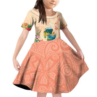 Hawaii Kauai Na Pali Coast Landscape Family Matching Off Shoulder Short Dress and Hawaiian Shirt LT05 Daughter's Dress Peach - Polynesian Pride