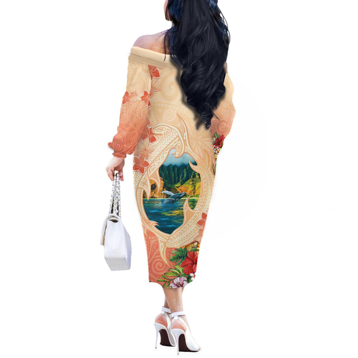 Hawaii Kauai Na Pali Coast Landscape Off The Shoulder Long Sleeve Dress