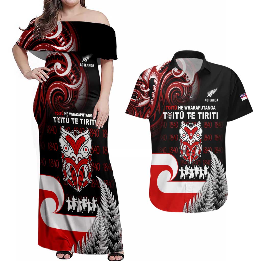 Aotearoa Toitu He Whakaputanga Couples Matching Off Shoulder Maxi Dress and Hawaiian Shirt Toitu Te Tiriti O Waitangi LT05 Black - Polynesian Pride