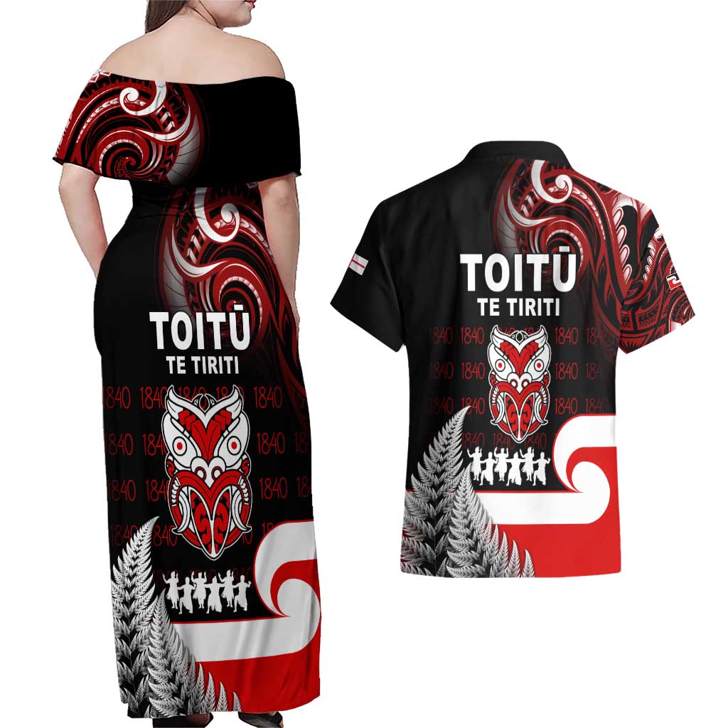 Aotearoa Toitu He Whakaputanga Couples Matching Off Shoulder Maxi Dress and Hawaiian Shirt Toitu Te Tiriti O Waitangi LT05 - Polynesian Pride