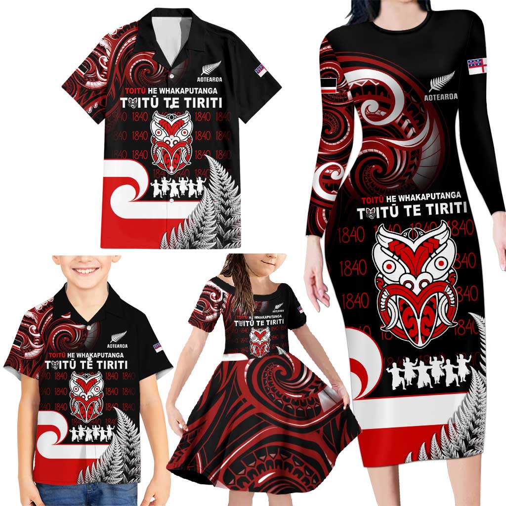 Aotearoa Toitu He Whakaputanga Family Matching Long Sleeve Bodycon Dress and Hawaiian Shirt Toitu Te Tiriti O Waitangi LT05 - Polynesian Pride