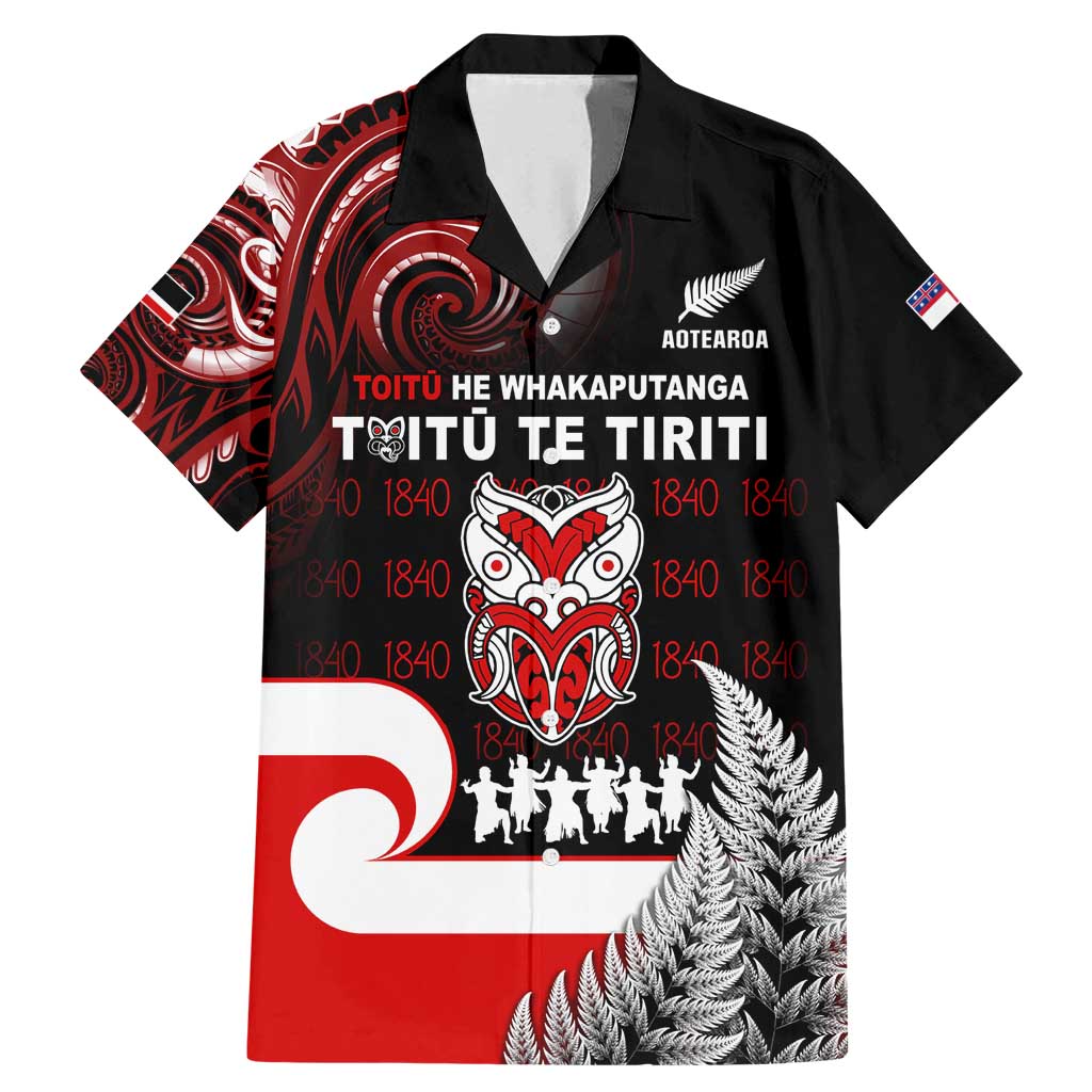 Aotearoa Toitu He Whakaputanga Family Matching Mermaid Dress and Hawaiian Shirt Toitu Te Tiriti O Waitangi LT05 Dad's Shirt - Short Sleeve Black - Polynesian Pride
