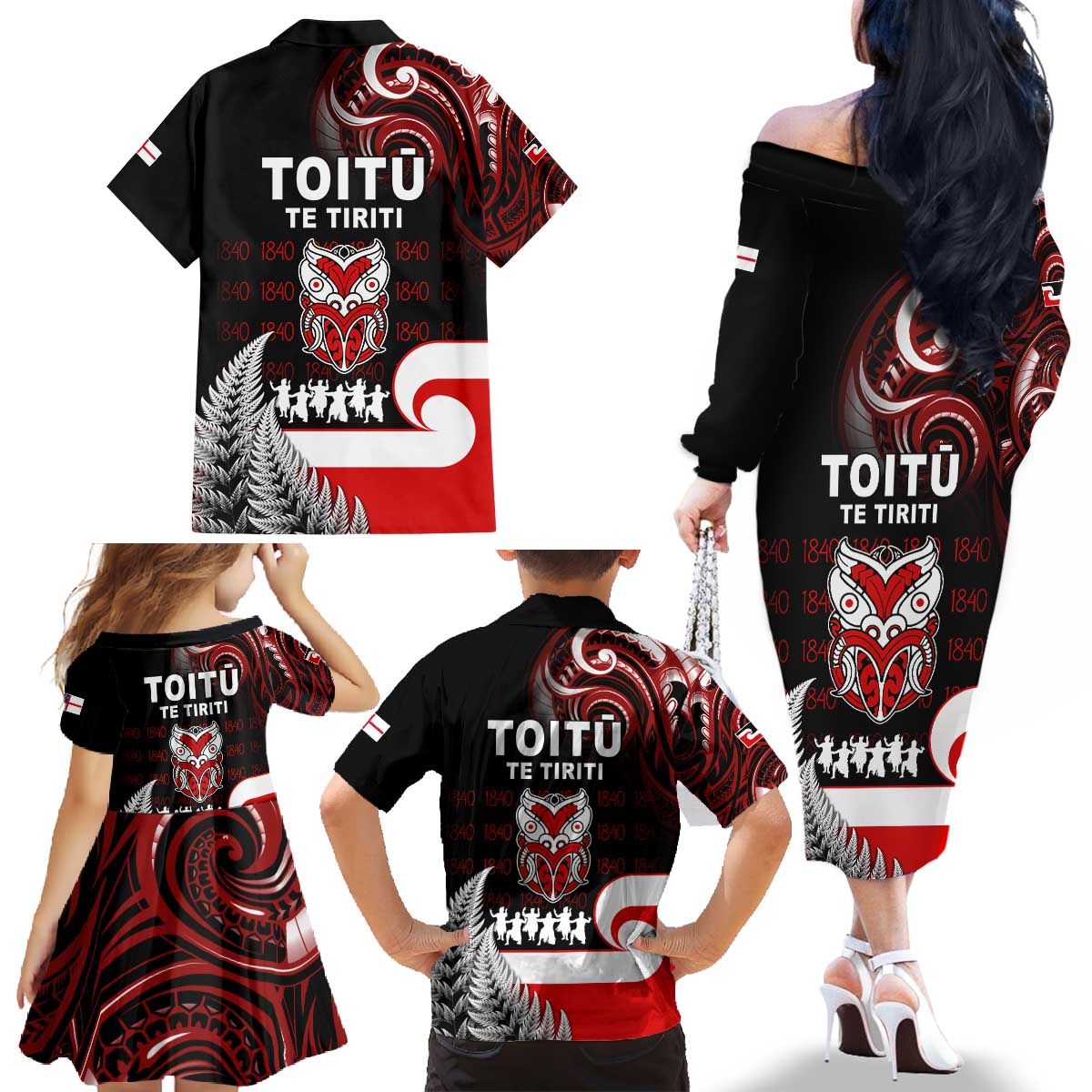 Aotearoa Toitu He Whakaputanga Family Matching Off The Shoulder Long Sleeve Dress and Hawaiian Shirt Toitu Te Tiriti O Waitangi LT05 - Polynesian Pride