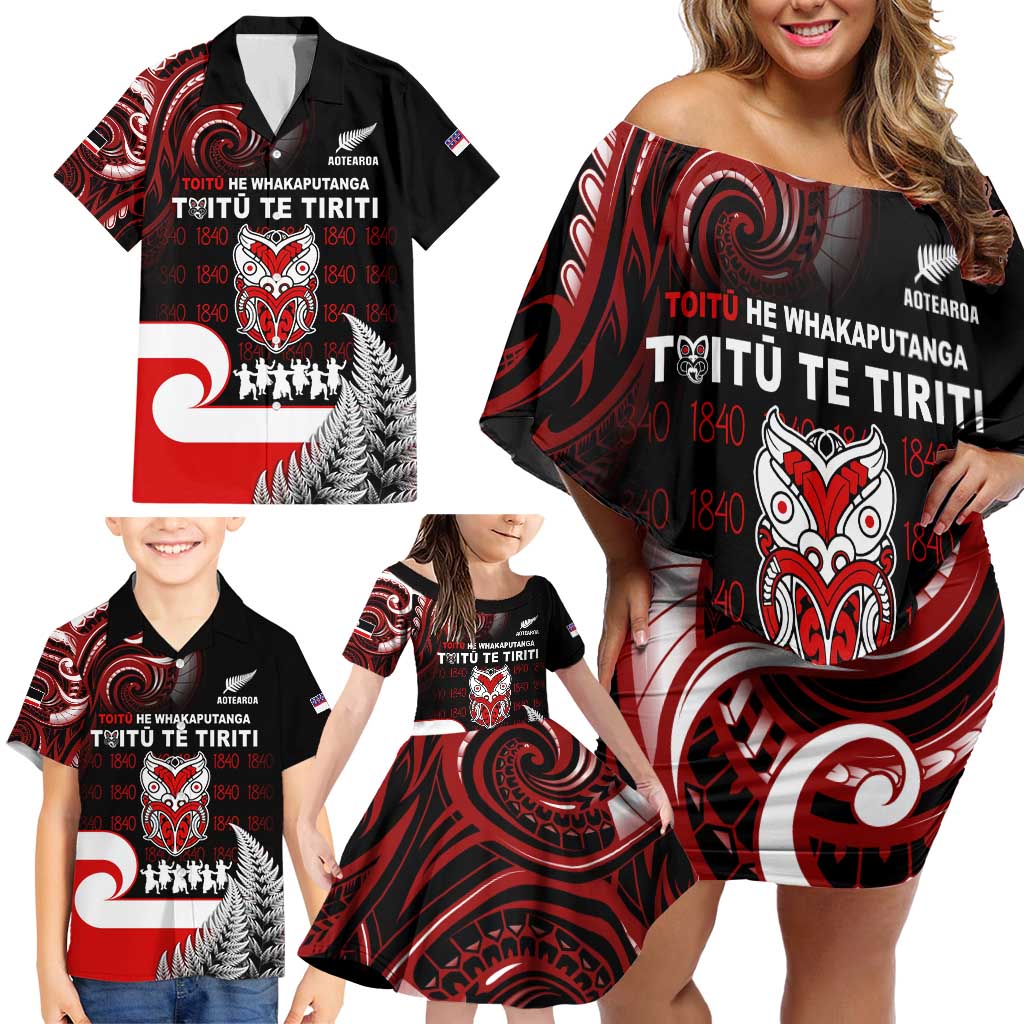 Aotearoa Toitu He Whakaputanga Family Matching Off Shoulder Short Dress and Hawaiian Shirt Toitu Te Tiriti O Waitangi LT05 - Polynesian Pride