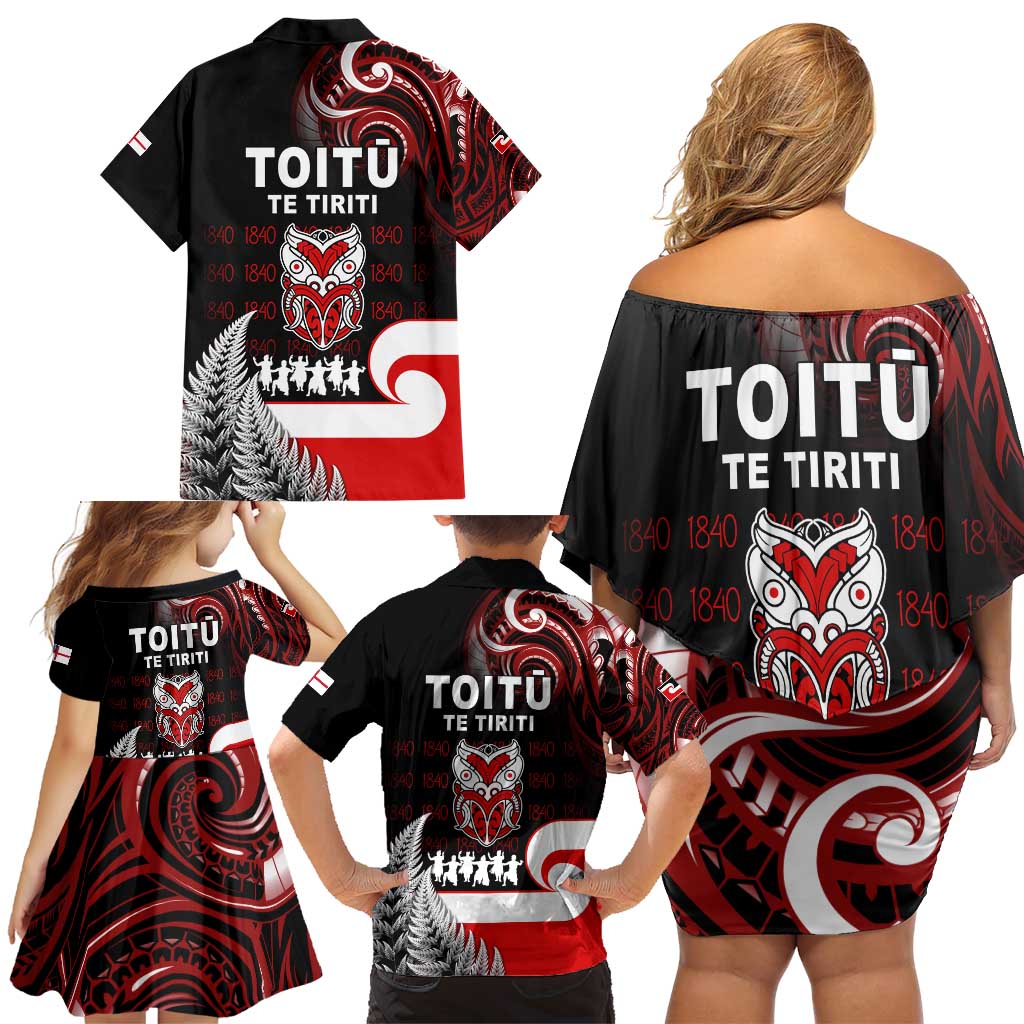 Aotearoa Toitu He Whakaputanga Family Matching Off Shoulder Short Dress and Hawaiian Shirt Toitu Te Tiriti O Waitangi LT05 - Polynesian Pride