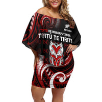 Aotearoa Toitu He Whakaputanga Family Matching Off Shoulder Short Dress and Hawaiian Shirt Toitu Te Tiriti O Waitangi LT05 Mom's Dress Black - Polynesian Pride