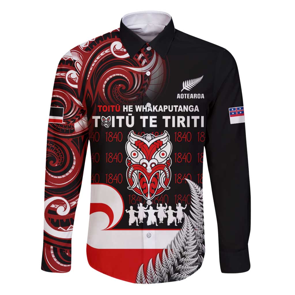Aotearoa Toitu He Whakaputanga Family Matching Puletasi and Hawaiian Shirt Toitu Te Tiriti O Waitangi LT05 Dad's Shirt - Long Sleeve Black - Polynesian Pride