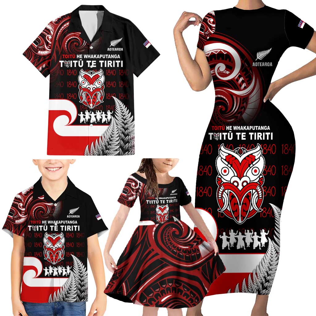 Aotearoa Toitu He Whakaputanga Family Matching Short Sleeve Bodycon Dress and Hawaiian Shirt Toitu Te Tiriti O Waitangi LT05 - Polynesian Pride