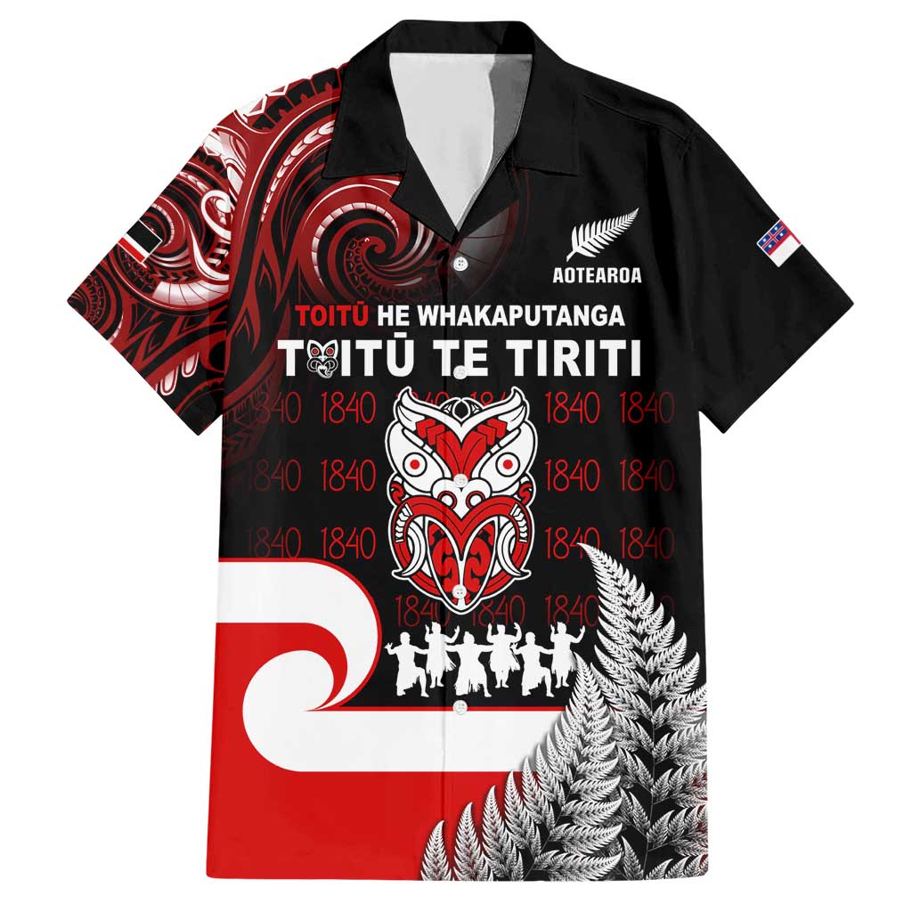 Aotearoa Toitu He Whakaputanga Family Matching Short Sleeve Bodycon Dress and Hawaiian Shirt Toitu Te Tiriti O Waitangi LT05 Dad's Shirt - Short Sleeve Black - Polynesian Pride