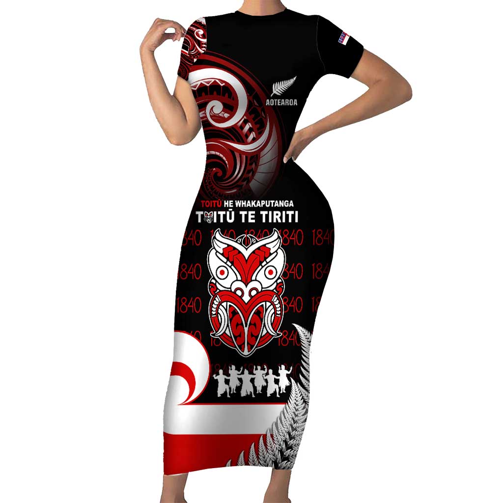 Aotearoa Toitu He Whakaputanga Family Matching Short Sleeve Bodycon Dress and Hawaiian Shirt Toitu Te Tiriti O Waitangi LT05 Mom's Dress Black - Polynesian Pride