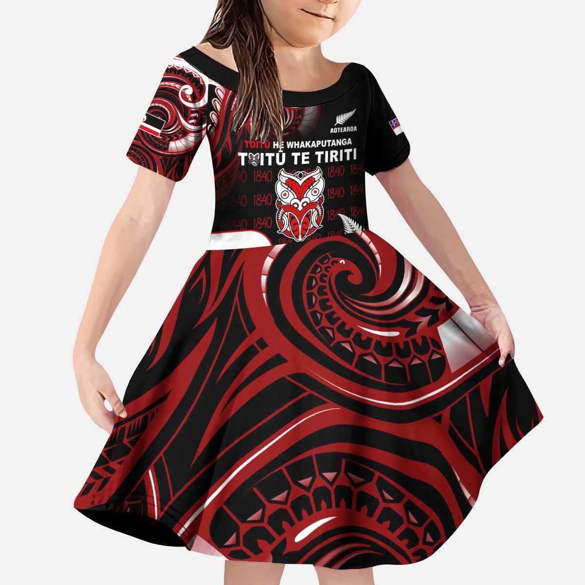 Aotearoa Toitu He Whakaputanga Kid Short Sleeve Dress Toitu Te Tiriti O Waitangi LT05 KID Black - Polynesian Pride