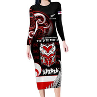 Aotearoa Toitu He Whakaputanga Long Sleeve Bodycon Dress Toitu Te Tiriti O Waitangi LT05 Long Dress Black - Polynesian Pride