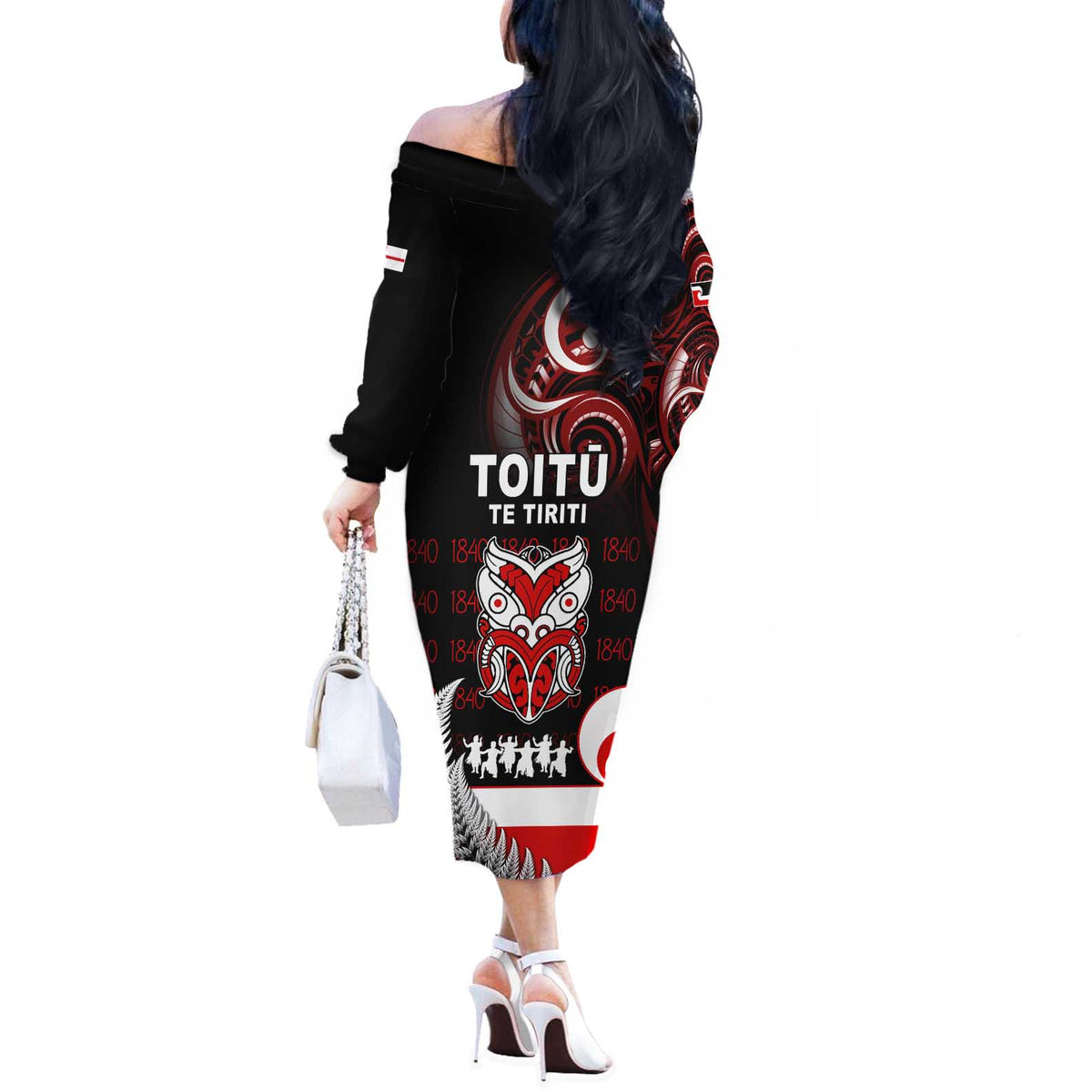 Aotearoa Toitu He Whakaputanga Off The Shoulder Long Sleeve Dress Toitu Te Tiriti O Waitangi LT05 - Polynesian Pride