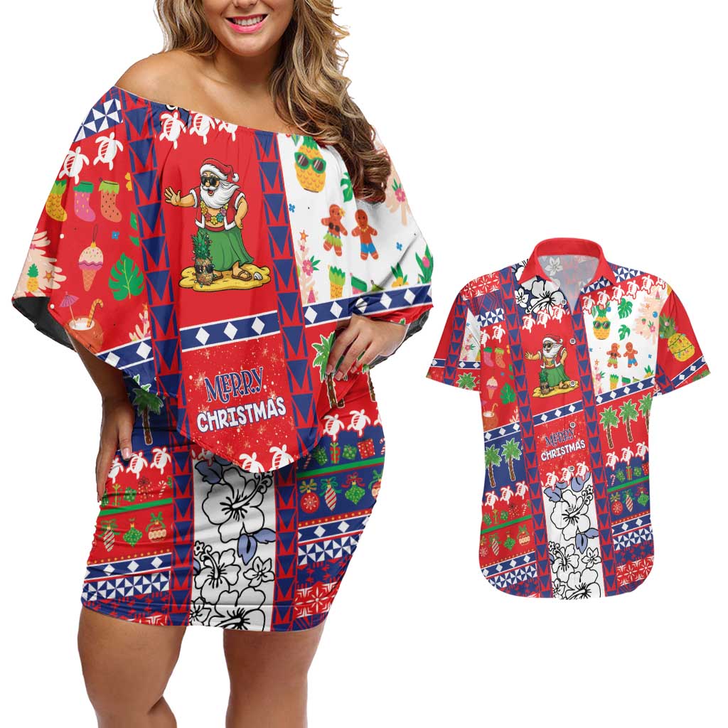Wallis And Futuna Christmas Couples Matching Off Shoulder Short Dress and Hawaiian Shirt Festive Beach Vibes - Polynesian Pride