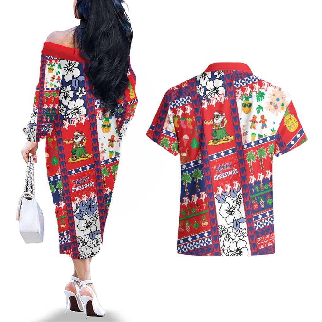 Wallis And Futuna Christmas Couples Matching Off The Shoulder Long Sleeve Dress and Hawaiian Shirt Festive Beach Vibes LT05 - Polynesian Pride