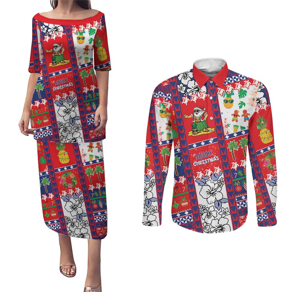 Wallis And Futuna Christmas Couples Matching Puletasi and Long Sleeve Button Shirt Festive Beach Vibes - Polynesian Pride