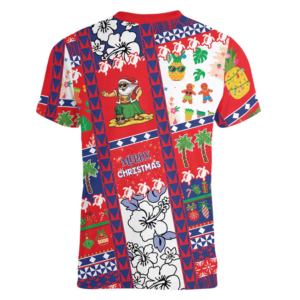 Wallis And Futuna Christmas Women V-Neck T-Shirt Festive Beach Vibes - Polynesian Pride
