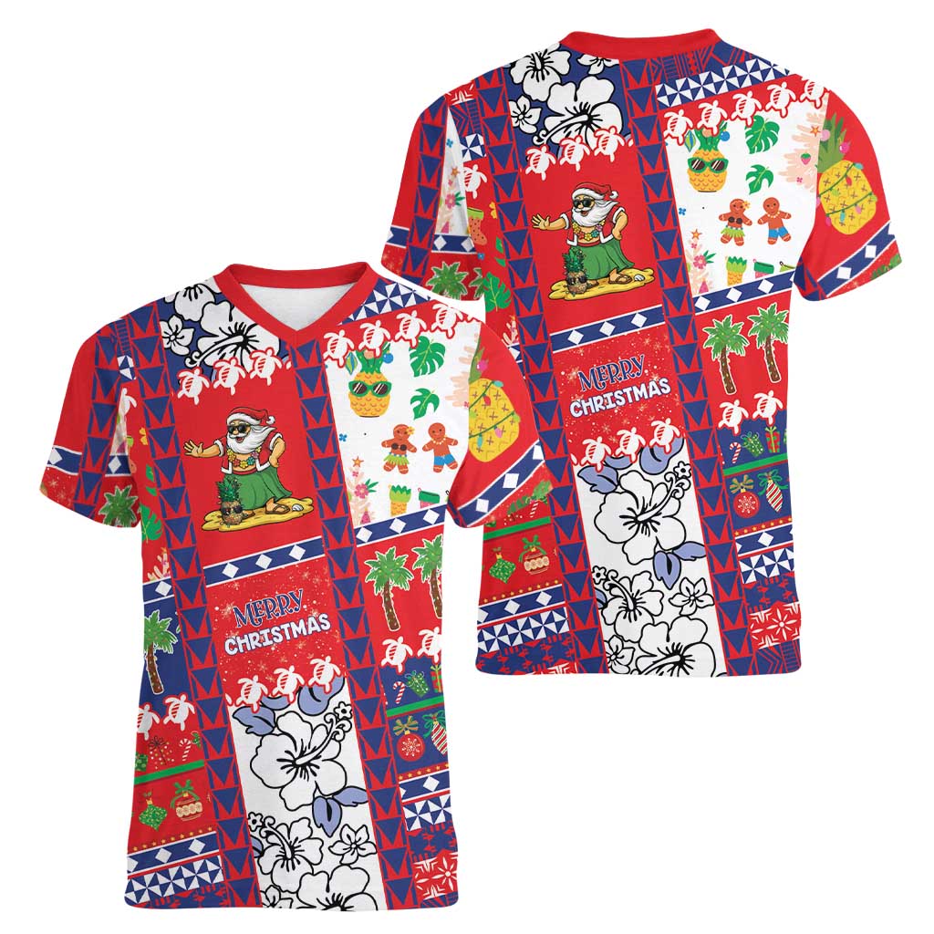 Wallis And Futuna Christmas Women V-Neck T-Shirt Festive Beach Vibes - Polynesian Pride