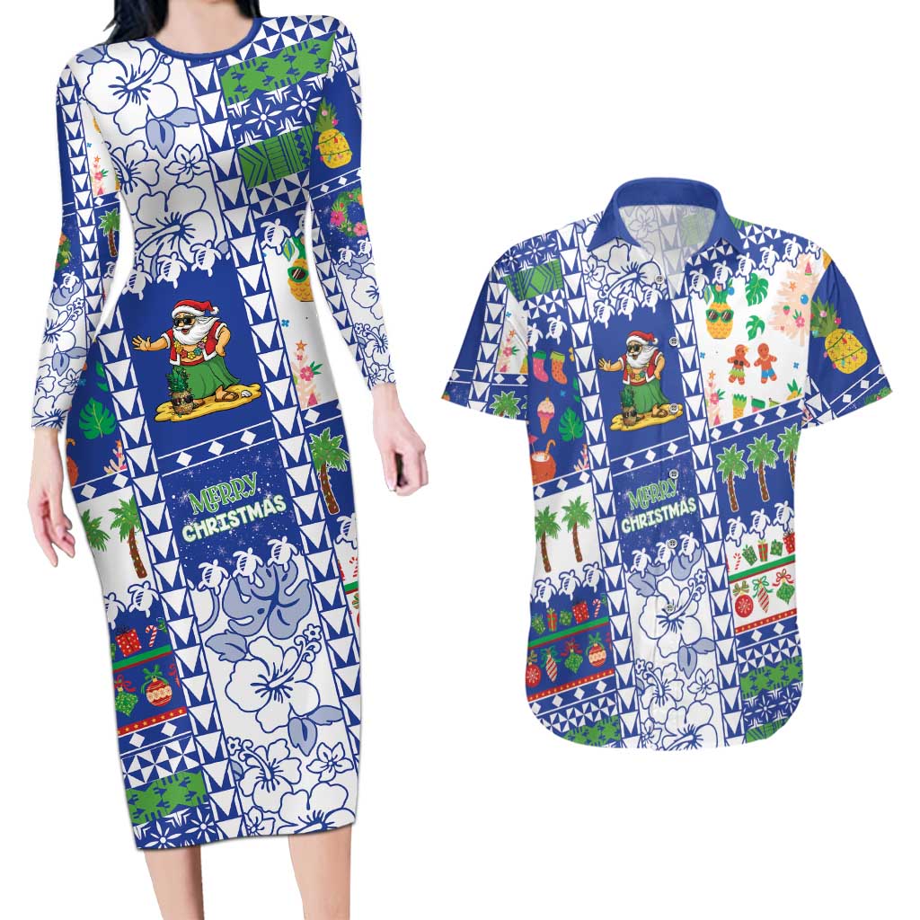 Northern Mariana Islands Christmas Couples Matching Long Sleeve Bodycon Dress and Hawaiian Shirt Festive Beach Vibes LT05 Blue - Polynesian Pride