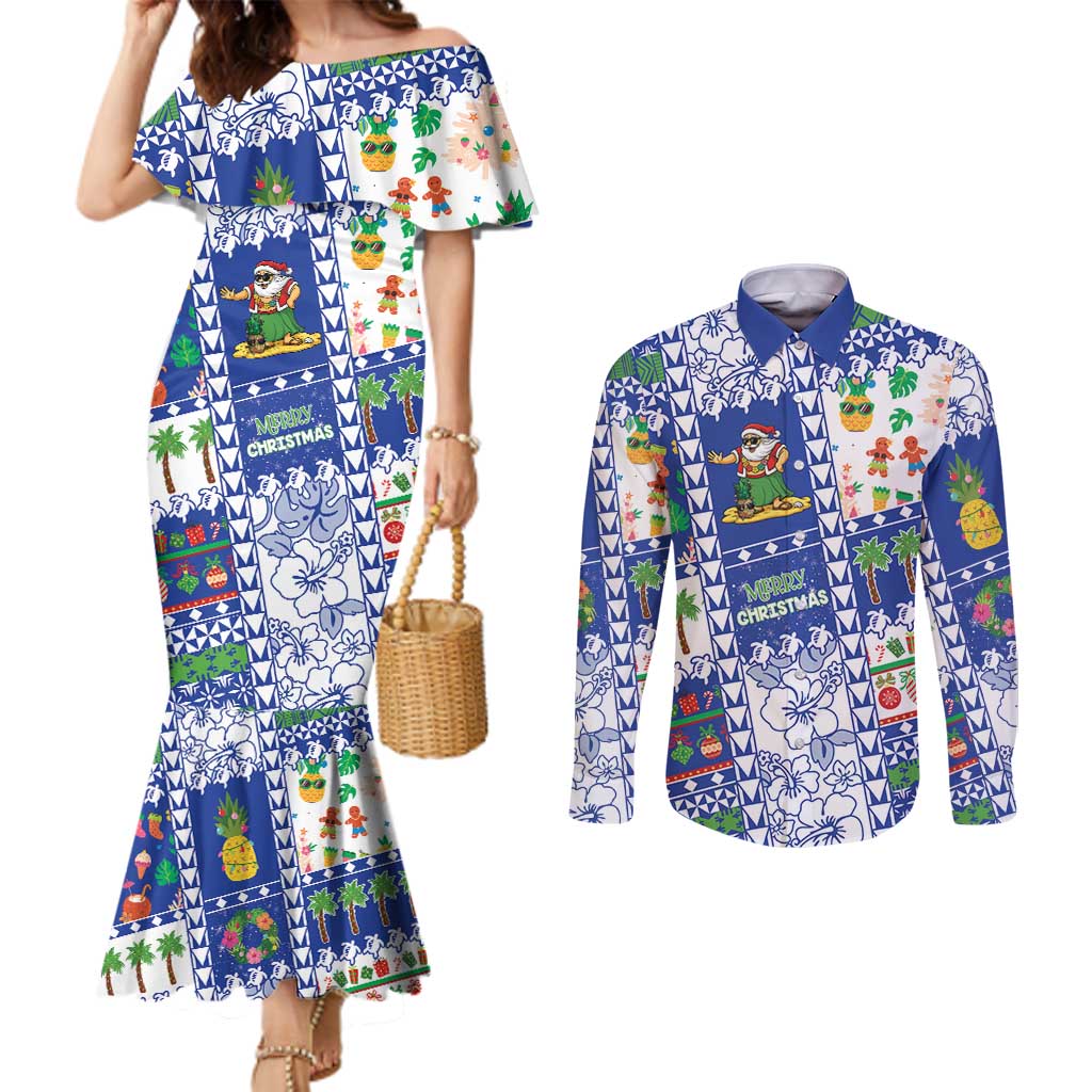 Northern Mariana Islands Christmas Couples Matching Mermaid Dress and Long Sleeve Button Shirt Festive Beach Vibes - Polynesian Pride