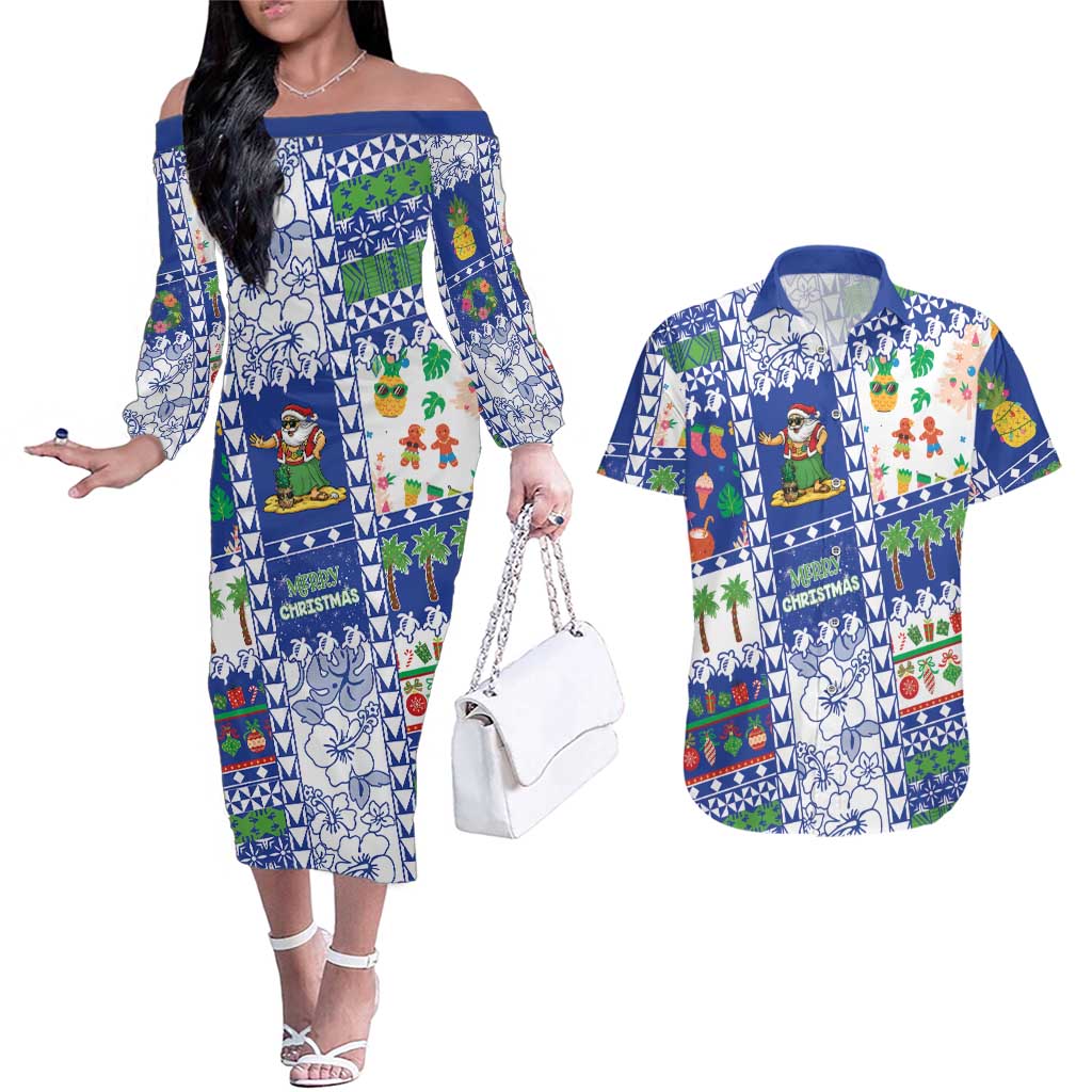 Northern Mariana Islands Christmas Couples Matching Off The Shoulder Long Sleeve Dress and Hawaiian Shirt Festive Beach Vibes LT05 Blue - Polynesian Pride