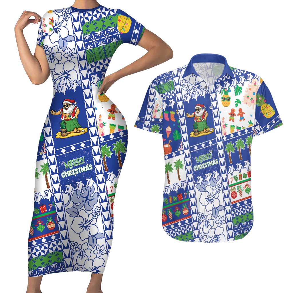 Northern Mariana Islands Christmas Couples Matching Short Sleeve Bodycon Dress and Hawaiian Shirt Festive Beach Vibes LT05 Blue - Polynesian Pride