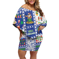Northern Mariana Islands Christmas Family Matching Off Shoulder Short Dress and Hawaiian Shirt Festive Beach Vibes LT05 Mom's Dress Blue - Polynesian Pride