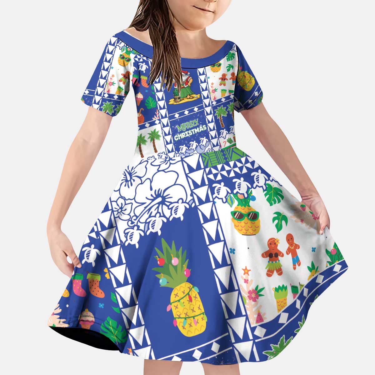 Northern Mariana Islands Christmas Kid Short Sleeve Dress Festive Beach Vibes - Polynesian Pride