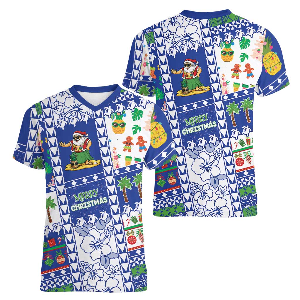 Northern Mariana Islands Christmas Women V-Neck T-Shirt Festive Beach Vibes - Polynesian Pride