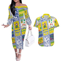New Caledonia Christmas Couples Matching Off The Shoulder Long Sleeve Dress and Hawaiian Shirt Festive Beach Vibes - Polynesian Pride