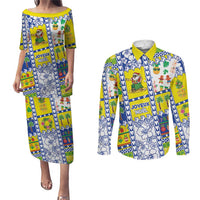 New Caledonia Christmas Couples Matching Puletasi and Long Sleeve Button Shirt Festive Beach Vibes - Polynesian Pride