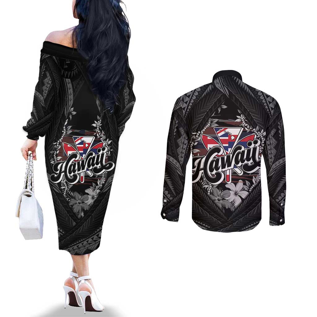 Hawaii November 28th Couples Matching Off The Shoulder Long Sleeve Dress and Long Sleeve Button Shirt Kanaka Maoli Tribal Pattern - Polynesian Pride