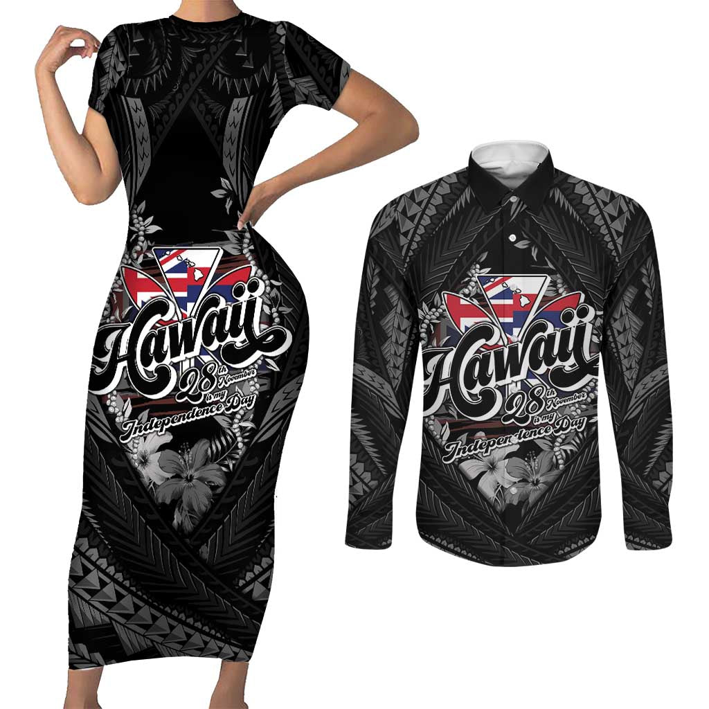 Hawaii November 28th Couples Matching Short Sleeve Bodycon Dress and Long Sleeve Button Shirt Kanaka Maoli Tribal Pattern - Polynesian Pride