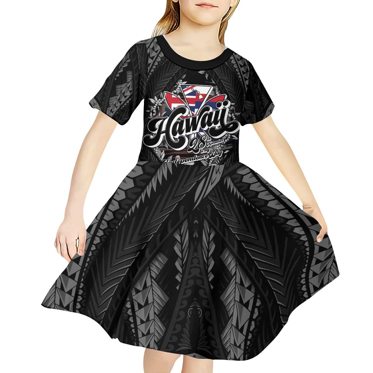 Hawaii November 28th Kid Short Sleeve Dress Kanaka Maoli Tribal Pattern - Polynesian Pride