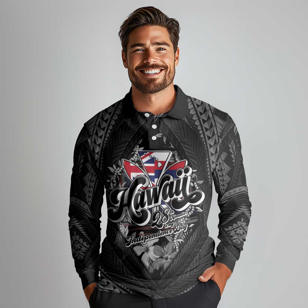 Hawaii November 28th Long Sleeve Polo Shirt Kanaka Maoli Tribal Pattern - Polynesian Pride