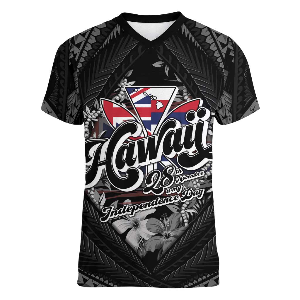 Hawaii November 28th Women V-Neck T-Shirt Kanaka Maoli Tribal Pattern - Polynesian Pride