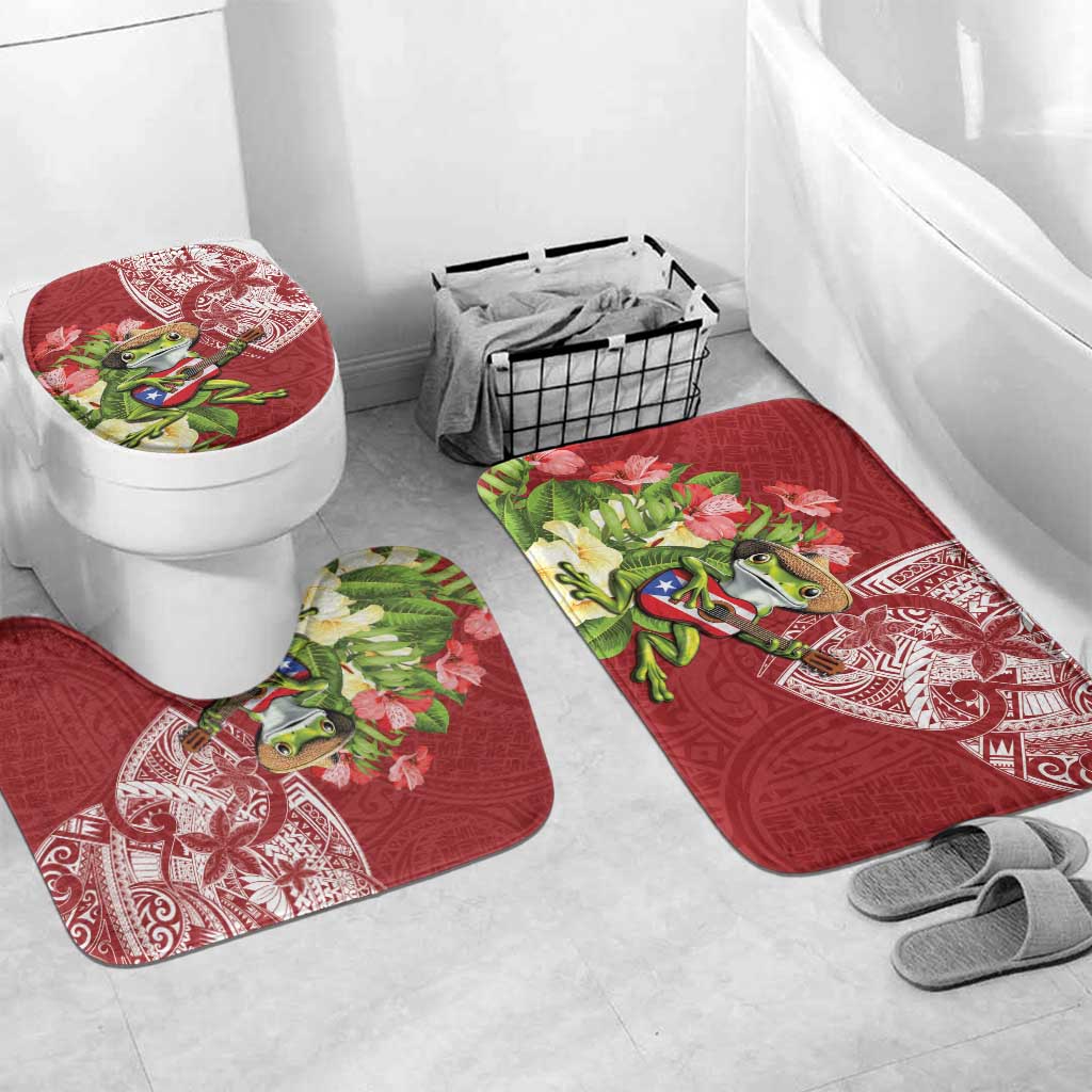 Puerto Rico Coqui Frog Bathroom Set Tropical Flowers Polynesian Style LT05 Mat Set Only (3 pcs) One Size Red - Polynesian Pride