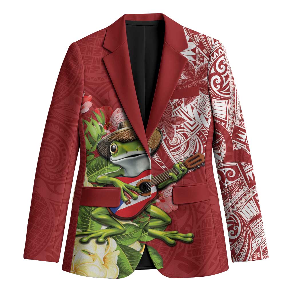 Puerto Rico Coqui Frog Blazer Tropical Flowers Polynesian Style LT05 Unisex Red - Polynesian Pride
