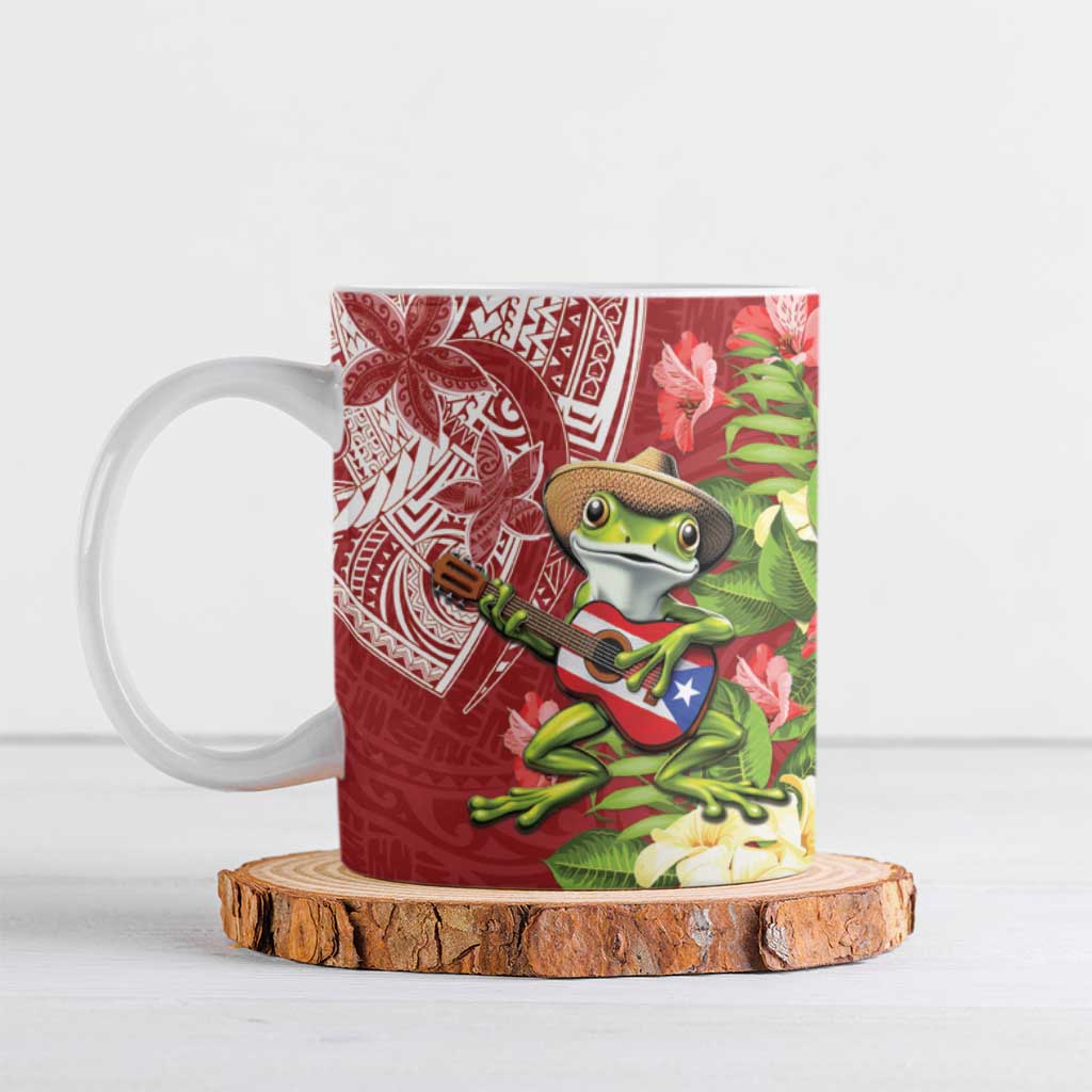 Puerto Rico Coqui Frog Ceramic Mug Tropical Flowers Polynesian Style LT05 Red - Polynesian Pride