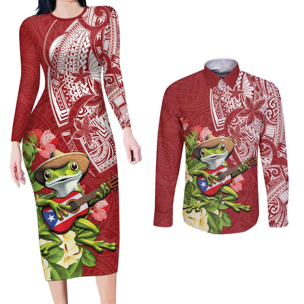 Puerto Rico Coqui Frog Couples Matching Long Sleeve Bodycon Dress and Long Sleeve Button Shirt Tropical Flowers Polynesian Style LT05 Red - Polynesian Pride